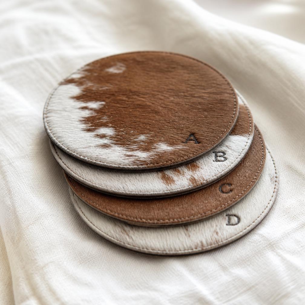 Genuine cowhide coasters branded with initials