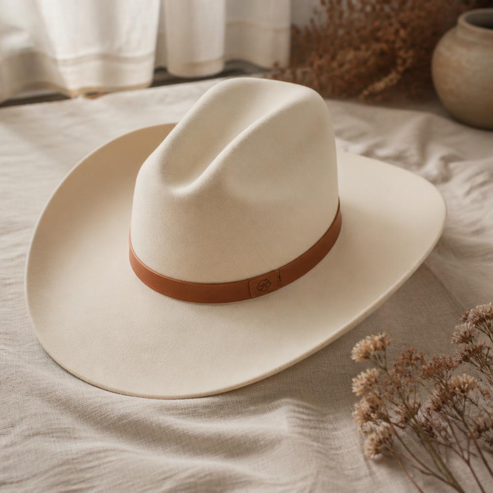 Cream cowboy hat with a custom branded leather hat band
