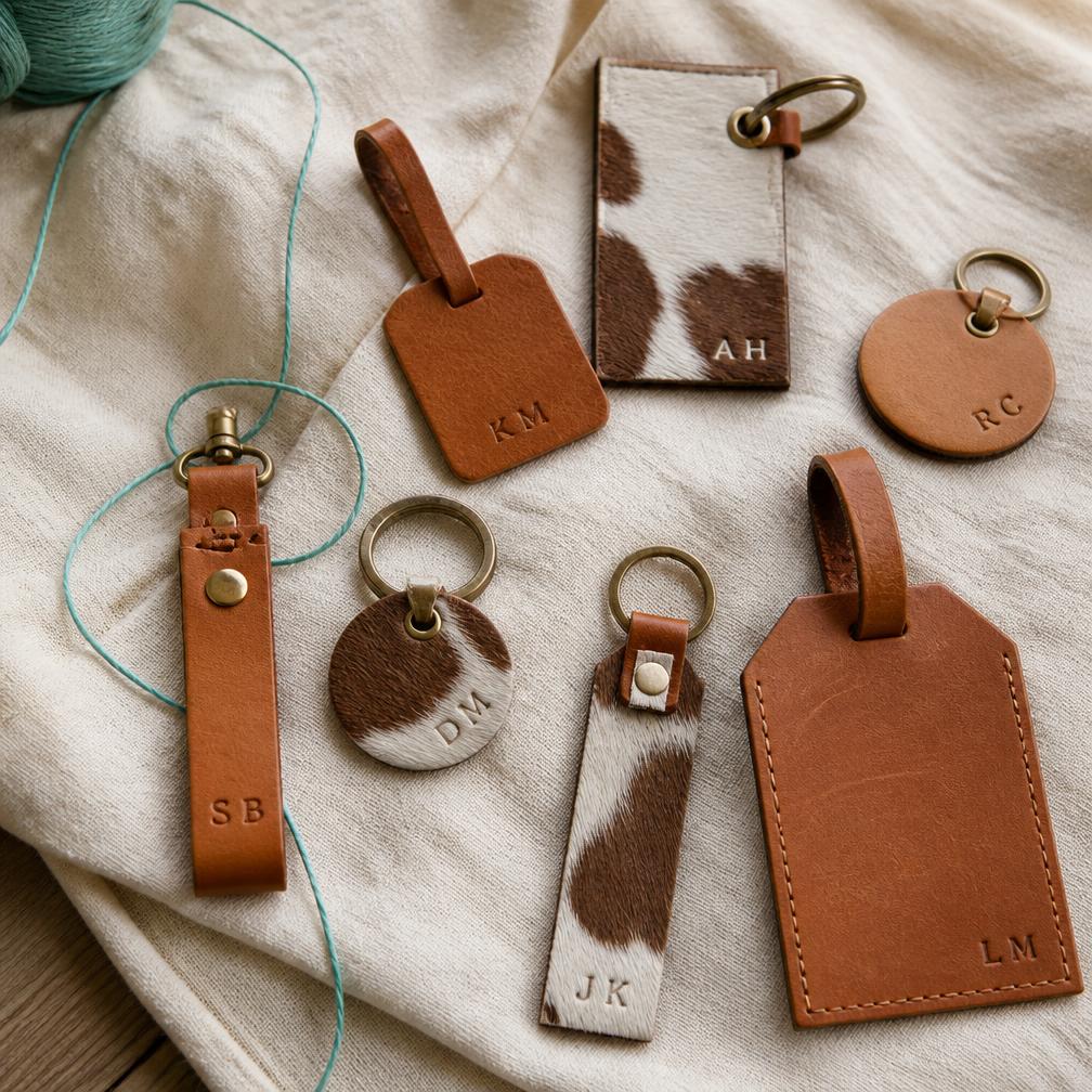 Cowhide and leather keychains and luggage tags branded with initials